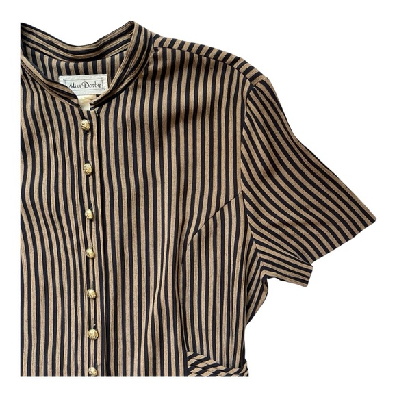 VINTAGE MISS DORBY Striped Fitted Midi Dress | Size M | Navy & Tan | 80s Office - Picture 5 of 16